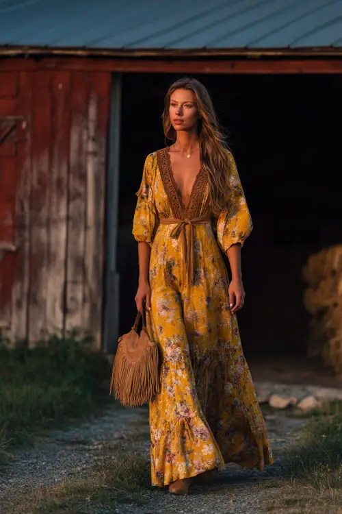 Woman in a mustard floral boho maxi dress with flutter sleeves and lace inserts, carrying a suede fringe bag, walking past a barn at sunset, full body 