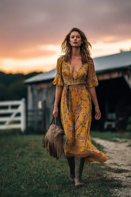 Woman in a mustard floral boho maxi dress with flutter sleeves and lace inserts, carrying a suede fringe bag, walking past a barn at sunset, full body