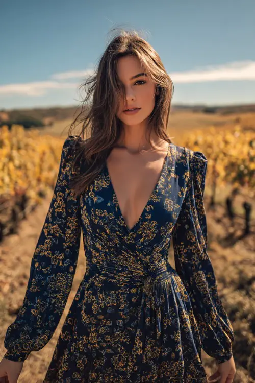 Woman in a navy boho dress with gold floral patterns, long bishop sleeves, and a cinched waist, standing in a vineyard with golden vines under the October sun 