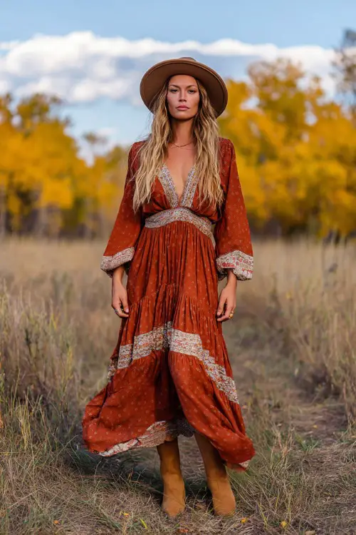 Woman in a rust-colored boho maxi dress with bell sleeves, lace trim, and tiered skirt, styled with a wide-brim hat and suede ankle boots, standing in a meadow with golden October leaves