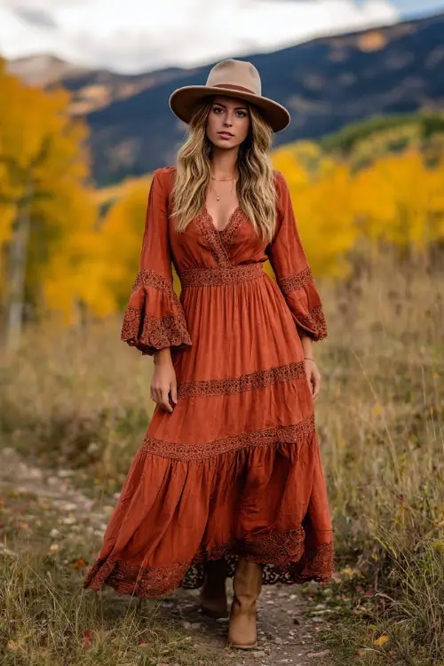 Woman in a rust-colored boho maxi dress with bell sleeves, lace trim, and tiered skirt, styled with a wide-brim hat and suede ankle boots