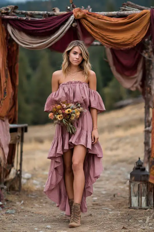 Woman in a soft mauve boho dress with off-the-shoulder ruffles, carrying a wildflower bouquet, standing near a rustic wedding arch draped in autumn-toned fabrics 