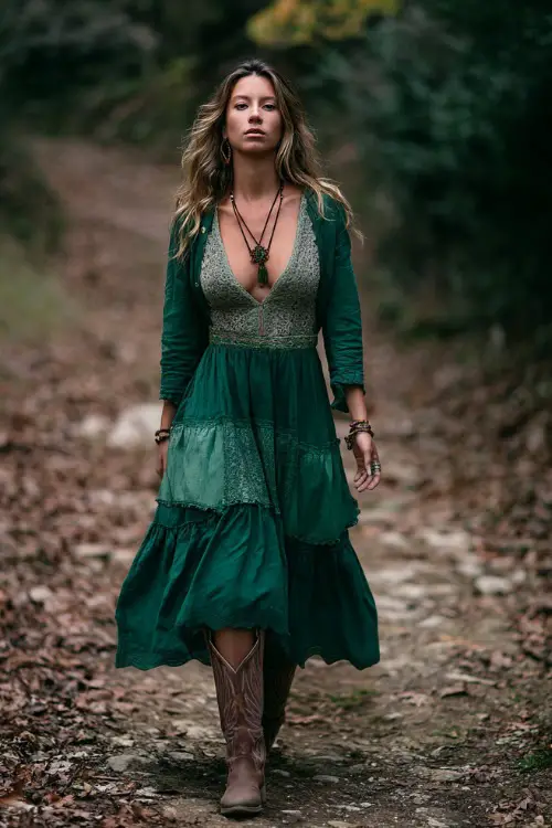 Woman wearing an emerald green boho maxi dress with lace panels, paired with cowboy boots and a long pendant necklace, walking through a wooded path with fallen leaves 