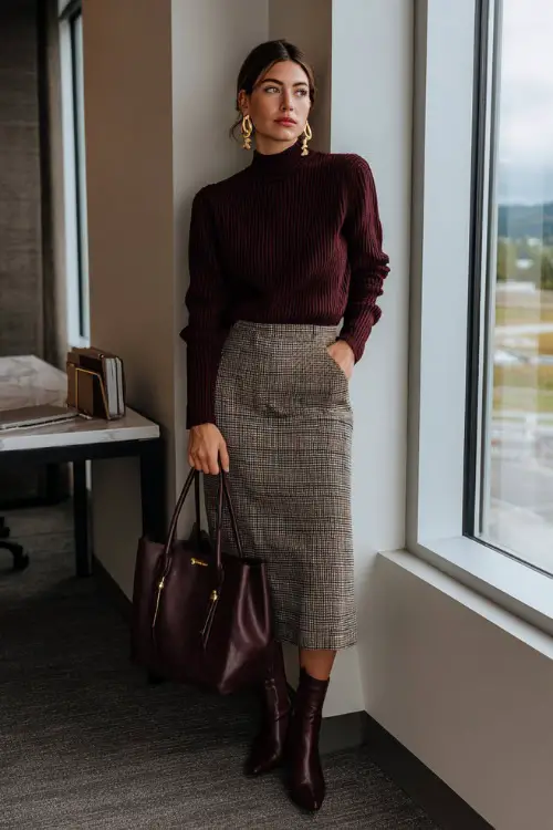 A woman in her 40s wears a burgundy knit sweater tucked into a plaid midi skirt with tights and ankle boots