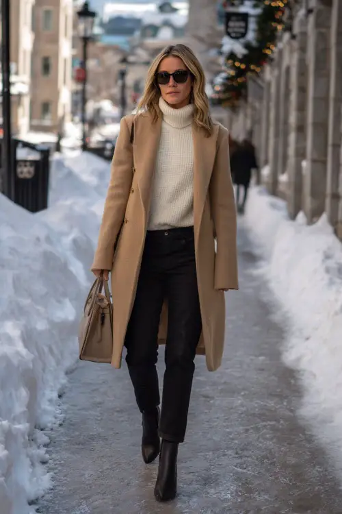 A woman in her 40s wears a camel wool coat layered over a cream turtleneck and slim black trousers with heeled ankle boots 