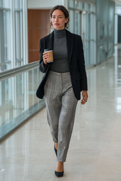 A woman in her 40s wears a gray turtleneck under a black blazer with plaid trousers and block-heel shoes 