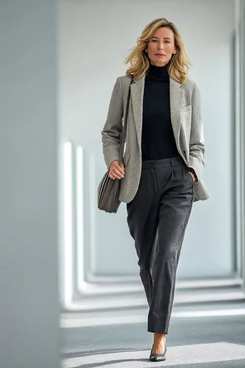 A woman in her 50s wears a light gray wool blazer over a black turtleneck and matching trousers with low-heel shoes 