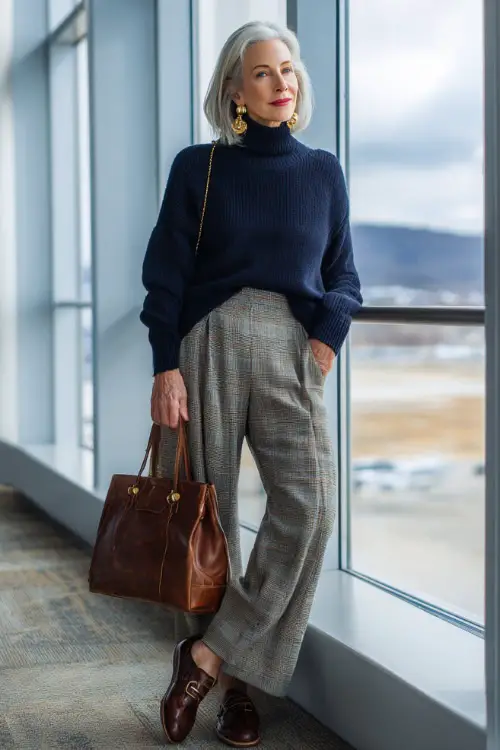 A woman in her 40s wears a navy knit sweater tucked into plaid wide-leg trousers with loafers