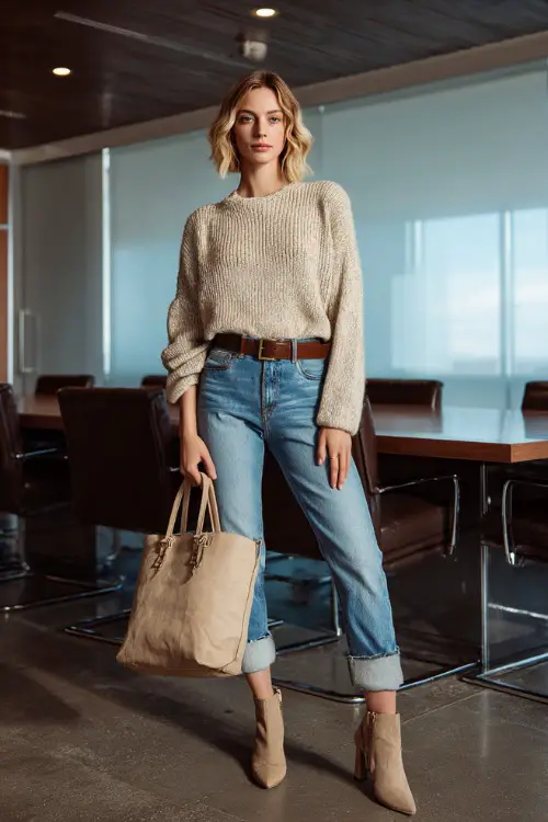 A woman wears a beige knit sweater tucked into cuffed blue jeans with heeled ankle boots, accessorized with a brown belt and tote bag, standing near a conference table 