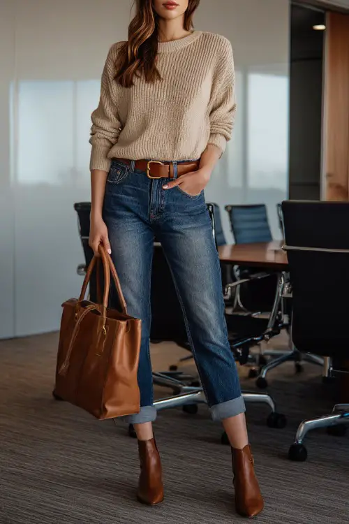 A woman wears a beige knit sweater tucked into cuffed blue jeans with heeled ankle boots, accessorized with a brown belt and tote bag, standing near a conference table
