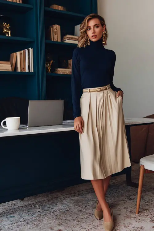 A woman wears a beige pleated midi skirt with a navy turtleneck and heeled loafers, accessorized with a leather belt and gold earrings