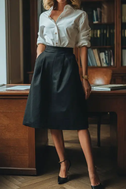 A woman wears a black midi skirt with a white button-down shirt and ankle-strap heels, accessorized with a minimalist watch and gold bracelet 