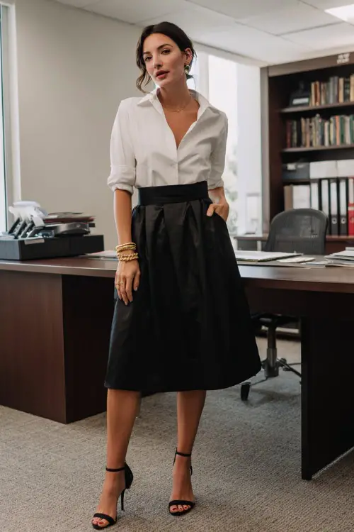 A woman wears a black midi skirt with a white button-down shirt and ankle-strap heels, accessorized with a minimalist watch and gold bracelet
