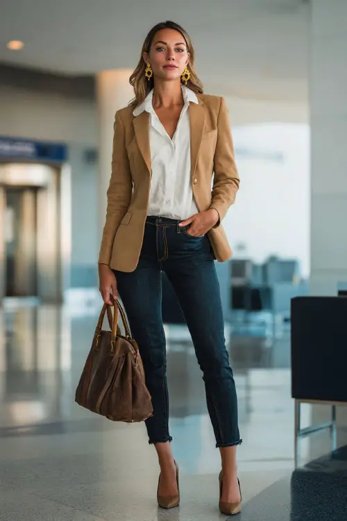 A woman wears a camel blazer over a white blouse with cropped dark jeans and pumps, accessorized with gold earrings and a leather handbag 