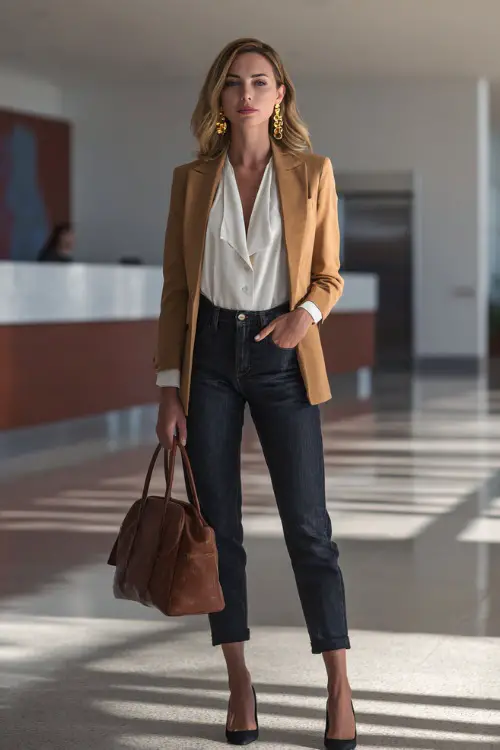 A woman wears a camel blazer over a white blouse with cropped dark jeans and pumps, accessorized with gold earrings and a leather handbag