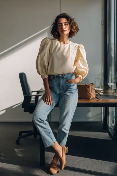 A woman wears a cream blouse with puff sleeves tucked into high-waist straight jeans and tan loafers, holding a laptop bag while standing near a desk in a bright office space 