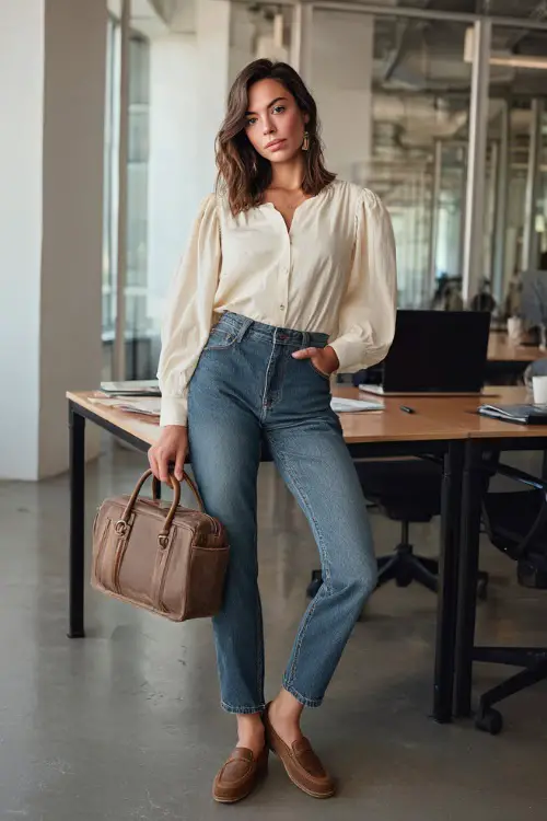 A woman wears a cream blouse with puff sleeves tucked into high-waist straight jeans and tan loafers, holding a laptop bag while standing near a desk in a bright office space