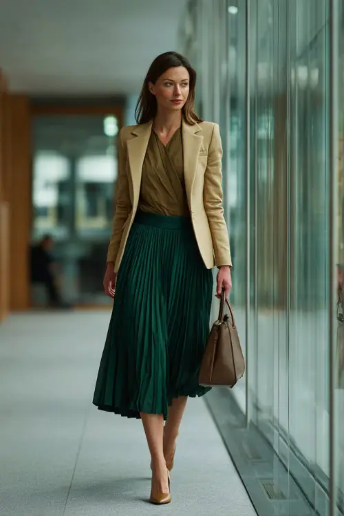 A woman wears a dark green pleated skirt with a camel blazer and tan pumps, carrying a handbag while walking down a glass office corridor