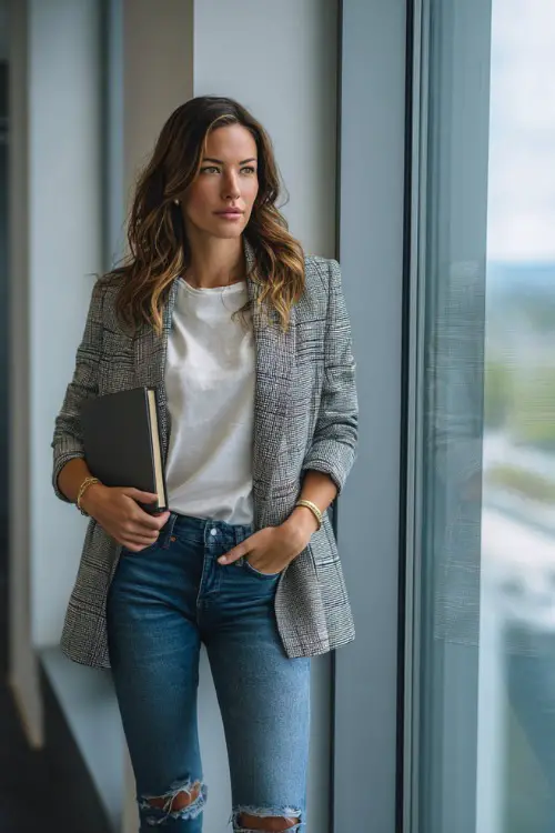 A woman wears a grey checked blazer over a white tee with slim blue jeans and ankle boots, holding a notebook while standing by an office window