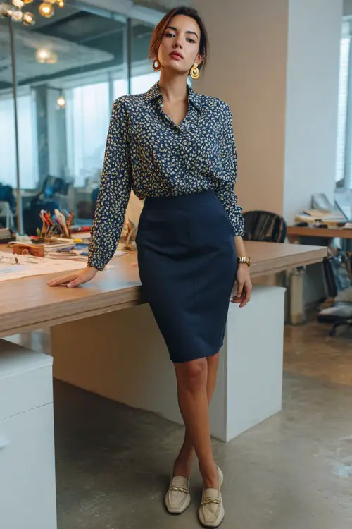 A woman wears a navy pencil skirt with a patterned blouse and loafers, accessorized with gold hoop earrings and a watch, standing near a desk in a co-working office