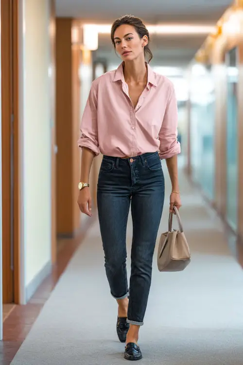 A woman wears a soft pink shirt with rolled sleeves tucked into dark wash jeans and loafers, accessorized with a watch and handbag, walking down an office corridor 