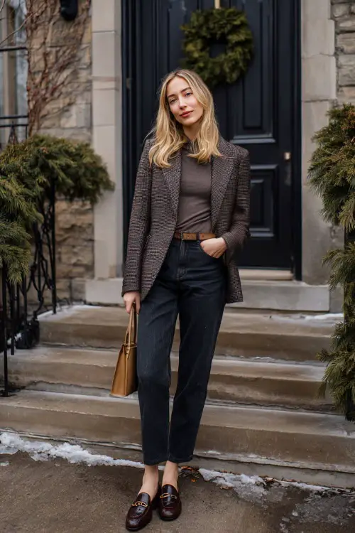 A woman in dark denim jeans paired with a tailored tweed blazer, fine merino wool top, leather loafers, and a structured handbag 