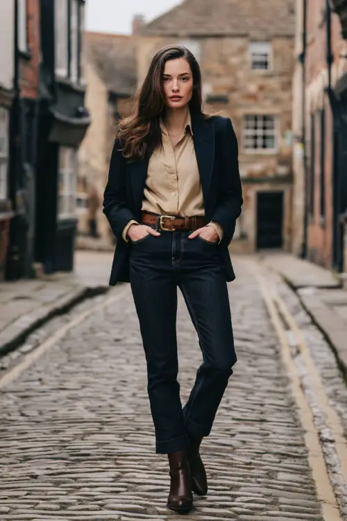 A woman wearing dark straight jeans styled with a tailored wool blazer, silk blouse, leather belt, and refined ankle shoes, standing on a cobblestone street with historic buildings in winter