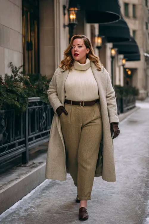 A plus-size woman dressed in a belted cashmere coat paired with a fine knit sweater, wool trousers, leather gloves, and polished loafers