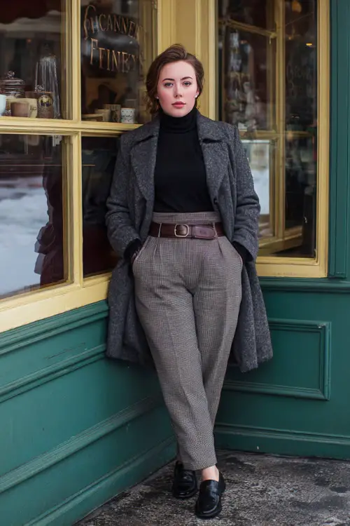 A plus-size woman wearing tailored trousers styled with a fine knit turtleneck, belted wool coat, leather gloves, and classic loafers, standing outside a traditional café in winter 