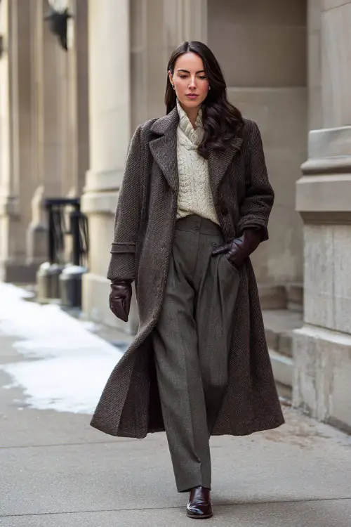 A woman dressed in a belted cashmere coat paired with a fine knit sweater, wool trousers, leather gloves, and polished loafers