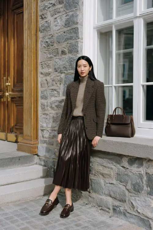 A woman dressed in a pleated midi skirt paired with a structured tweed blazer, fine knit sweater, leather loafers, and a top-handle handbag