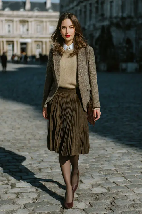 A woman dressed in a pleated midi skirt paired with a tweed blazer, fine knit sweater, sheer tights, and classic leather pumps, posing in a quiet winter square 