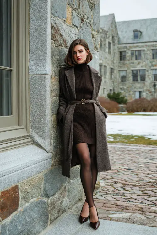 A woman dressed in a ribbed cashmere knit dress paired with a belted wool coat, sheer tights, and pointed-toe leather heels, posing outside a historic stone building during winter
