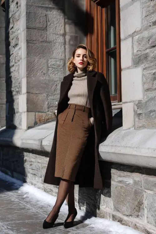 A woman dressed in a wool midi skirt paired with a fitted knit top, tailored coat, sheer tights, and classic leather pumps, posing outside a historic stone building in winter