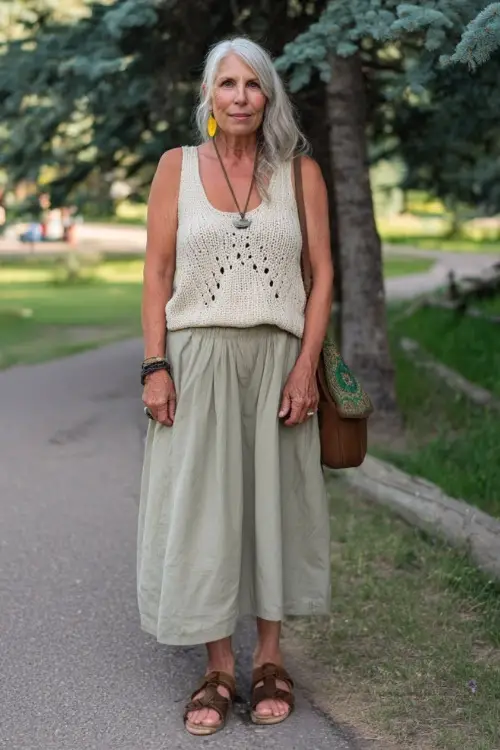 A woman over 50 wears a casual boho everyday outfit with a lightweight knit top, a flowy skirt, flat sandals, and understated accessories, styled in a peaceful park environment
