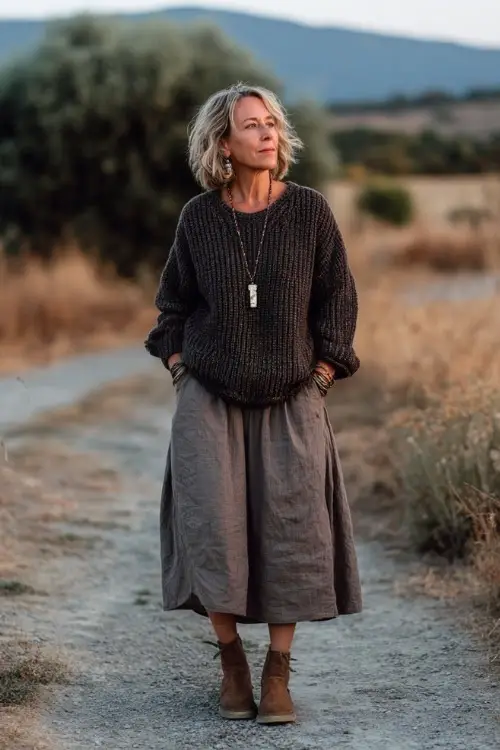 A woman over 50 wears a comfortable boho outfit with a loose-fit sweater, a midi skirt, flat ankle boots, and a long pendant necklace, styled in a charming countryside background