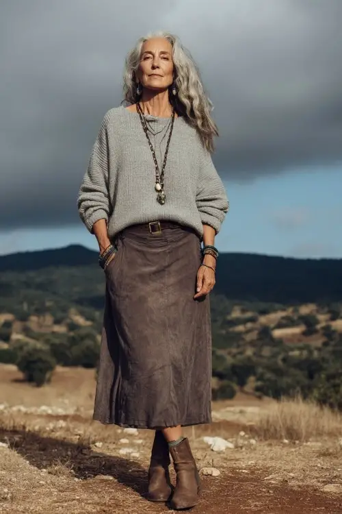 A woman over 50 wears a comfortable boho outfit with a loose-fit sweater, a midi skirt, flat ankle boots, and a long pendant necklace