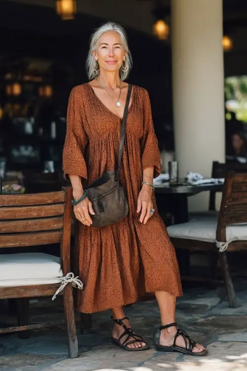 A woman over 50 wears an effortless boho casual look featuring a breezy midi dress, flat sandals, subtle jewelry, and a crossbody bag, styled in a sunlit outdoor café setting