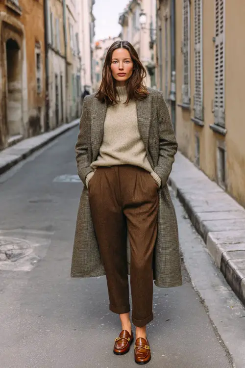 A woman wearing tailored wool trousers styled with a cashmere sweater, long wool coat, and polished leather loafers, standing on a quiet European street in winter 
