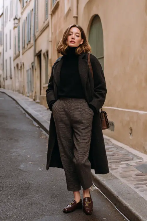 A young woman wearing a fitted wool coat over a cashmere turtleneck and straight-leg trousers, styled with leather loafers and a structured mini handbag 