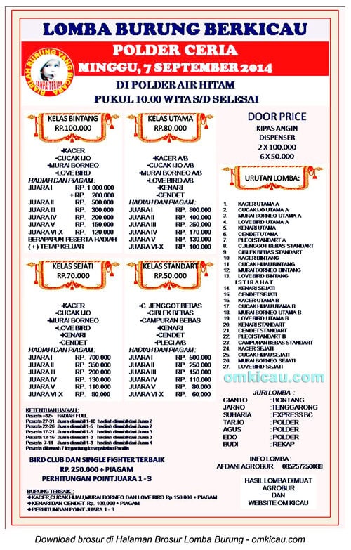 Brosur Lomba Burung Berkicau Polder Ceria, Samarinda, 7 September 2014