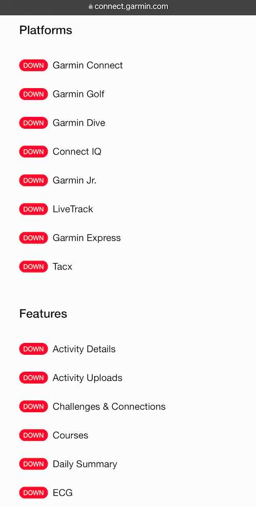 Garmin Server Status Page