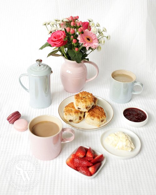 Freshly made for Afternoon Tea Fruit Scones with sultanas with the glace collection from Le Creuset.