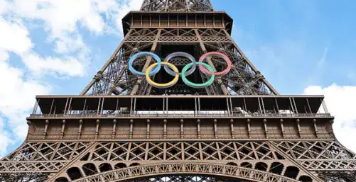 Photograph of the Olympic rings mounted on the Eiffel Tower.