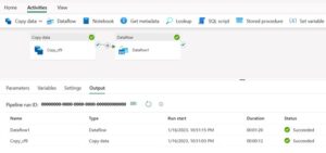 Microsoft Fabric pipeline run result screen