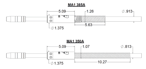 Dimension drawing showing the difference between MA1 385A and MA1 350A