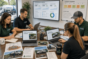 Marketing team creating educational content about septic system maintenance and inspections