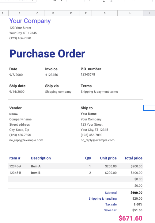 MS excel invoice template