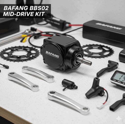 Bafang BBS02 mid-drive motor conversion kit with controller, chainring, and display, ready for electric bike upgrade.