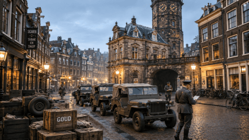 Historical fiction gold robbery novel with heart: father and young son crouching in bombed ruins at night in wartime, opening small wooden box with glowing gold bar inside, suspense and danger, father-son story beneath crime